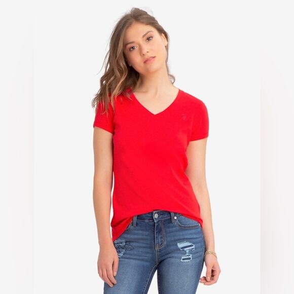 Womens V-Neck U.S. Polo Assn T-Shirt Small RED w/ Logo Casual PREPPY Basics EUC - Picture 1 of 15